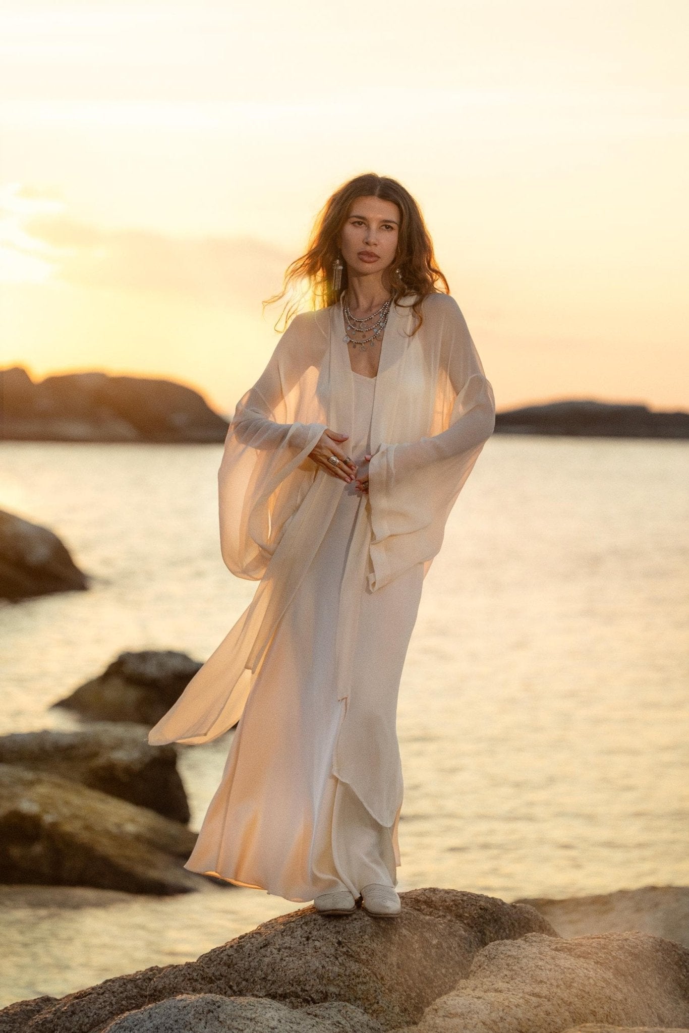 Silk Chiffon Kimono for Women, Sheer Silk Bridal Cover Up, Boho Wedding Robe, Lightweight Resort Wear, Handmade Silk Duster - AYA Sacred Wear