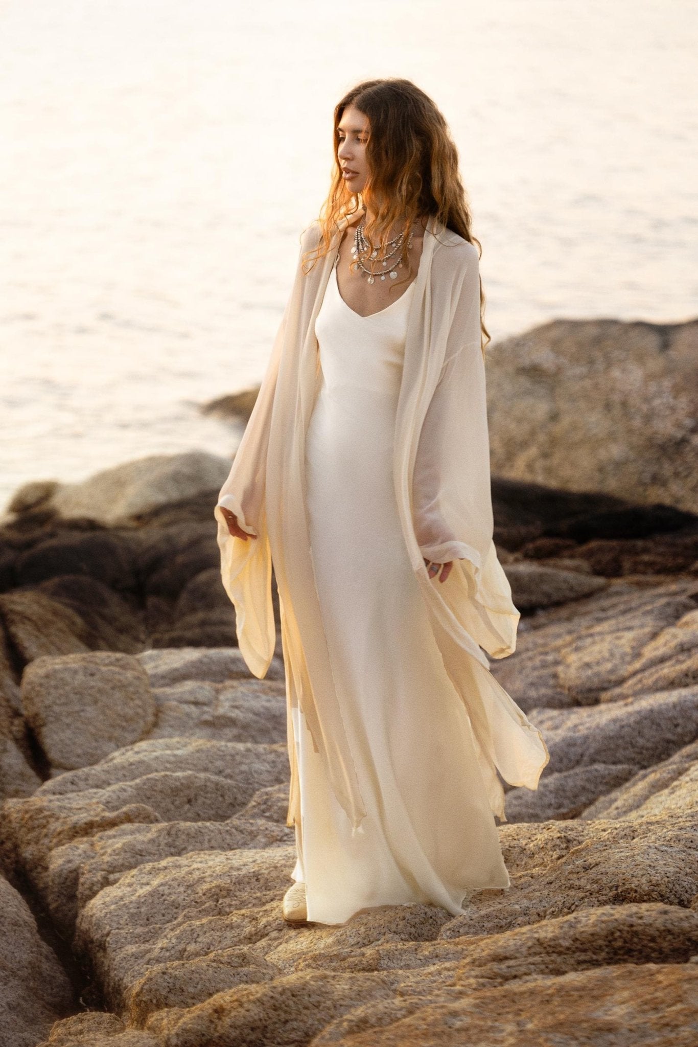 Silk Chiffon Kimono for Women, Sheer Silk Bridal Cover Up, Boho Wedding Robe, Lightweight Resort Wear, Handmade Silk Duster - AYA Sacred Wear