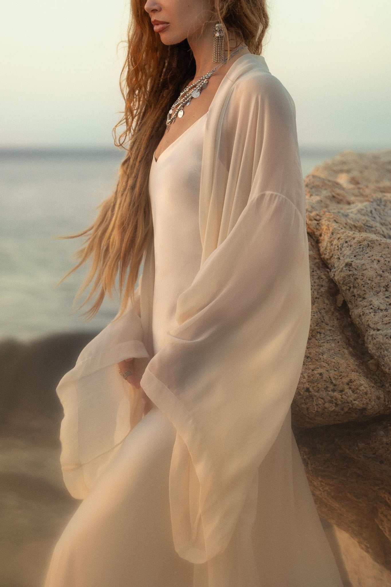 Silk Chiffon Kimono for Women, Sheer Silk Bridal Cover Up, Boho Wedding Robe, Lightweight Resort Wear, Handmade Silk Duster - AYA Sacred Wear