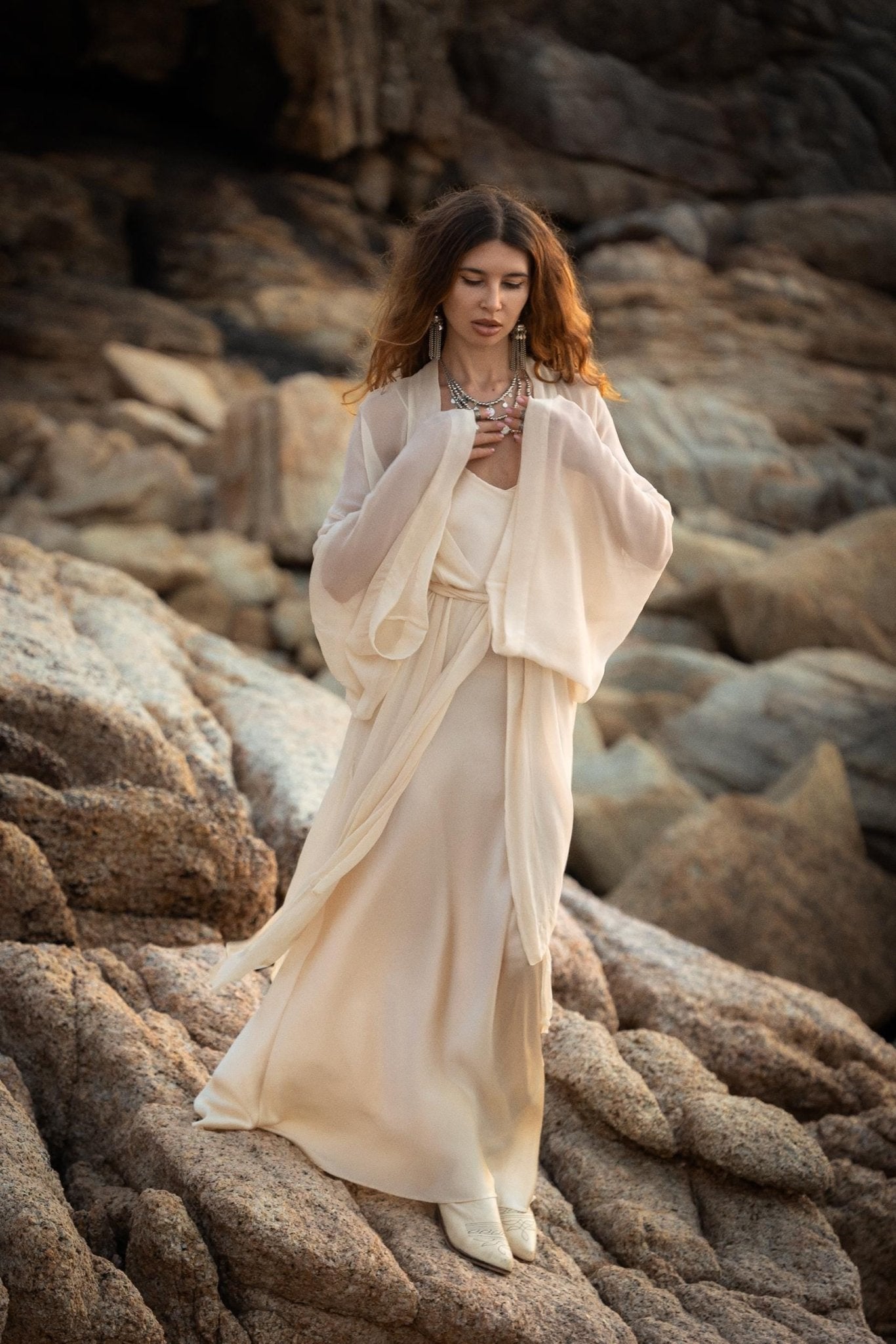 Silk Chiffon Kimono for Women, Sheer Silk Bridal Cover Up, Boho Wedding Robe, Lightweight Resort Wear, Handmade Silk Duster - AYA Sacred Wear