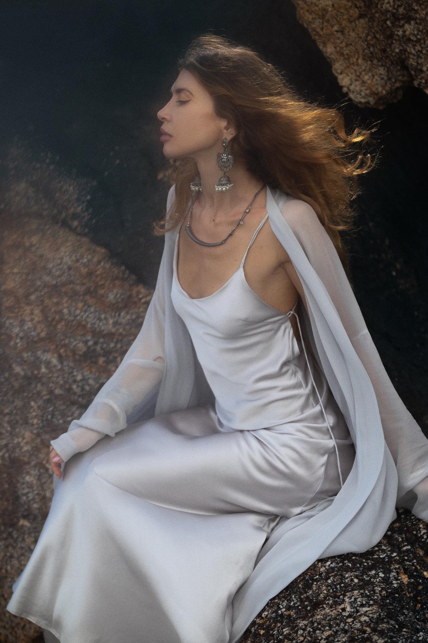 Silk Chiffon Kimono in Mist Blue | Sheer Bridal Cover Up | Sheer Silk Bridal Cover Up |Boho Wedding Robe | Lightweight Resort Wear |Handmade Silk Duster - AYA Sacred Wear