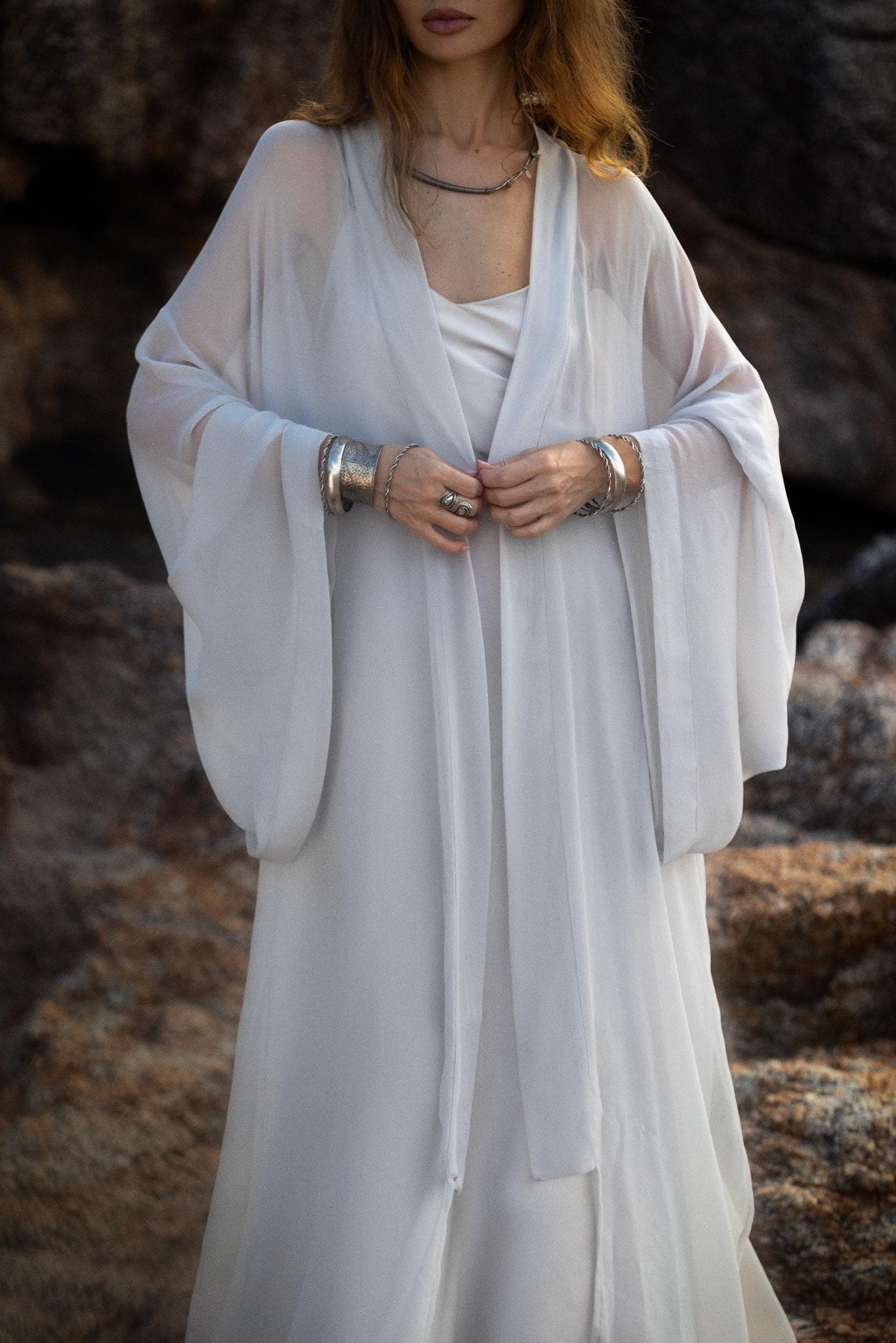 Silk Chiffon Kimono in Mist Blue | Sheer Bridal Cover Up | Sheer Silk Bridal Cover Up |Boho Wedding Robe | Lightweight Resort Wear |Handmade Silk Duster - AYA Sacred Wear