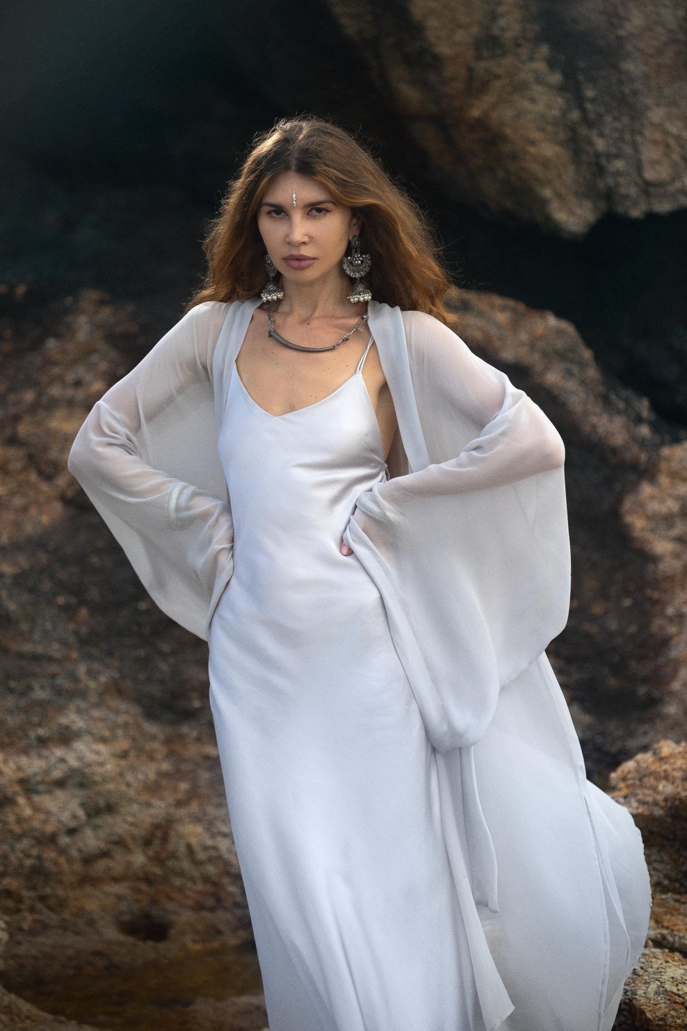 Silk Chiffon Kimono in Mist Blue | Sheer Bridal Cover Up | Sheer Silk Bridal Cover Up |Boho Wedding Robe | Lightweight Resort Wear |Handmade Silk Duster - AYA Sacred Wear