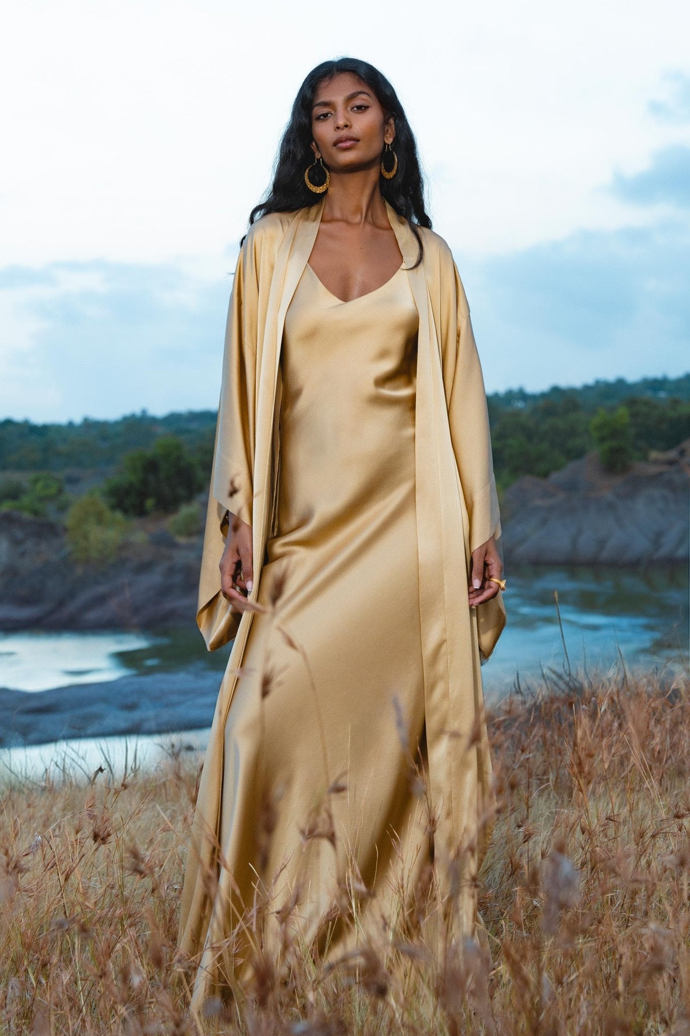 Silk Kimono Robe in Inka Gold — Relaxed Bohemian Cardigan - AYA Sacred Wear