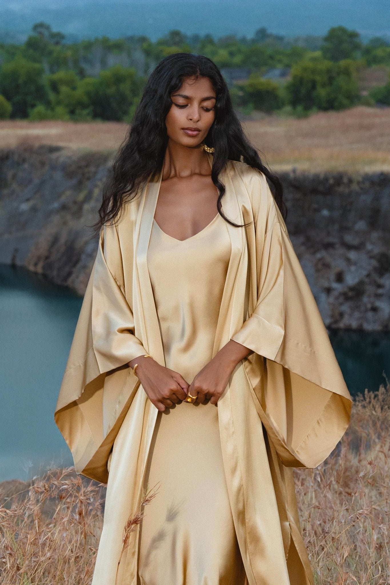 Silk Kimono Robe in Inka Gold — Relaxed Bohemian Cardigan - AYA Sacred Wear