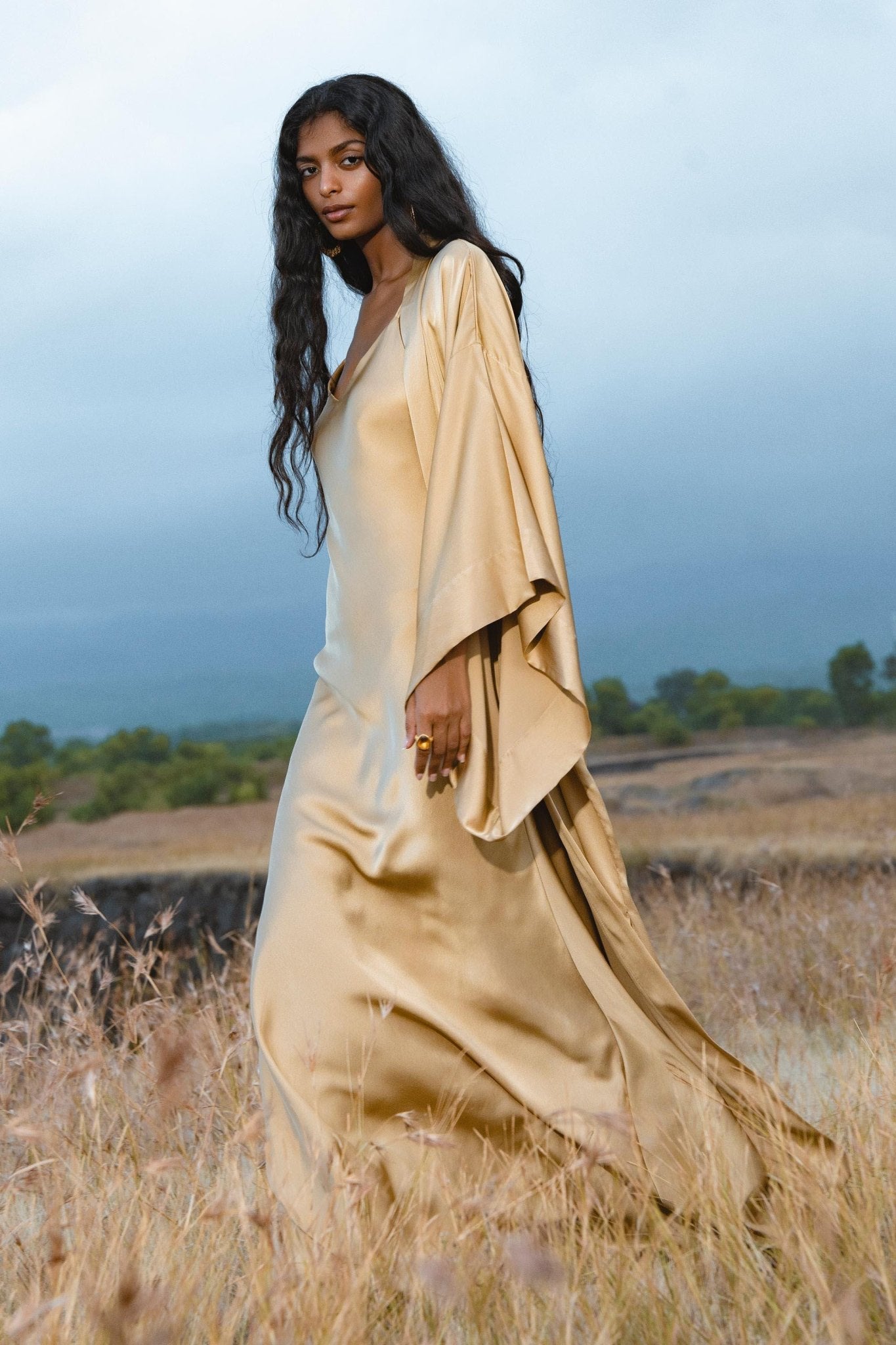 Silk Kimono Robe in Inka Gold — Relaxed Bohemian Cardigan - AYA Sacred Wear
