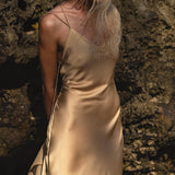 Silk SIip Dress in Inka Gold Colour — Backless Boho Bridesmaid Evening Gown - AYA Sacred Wear