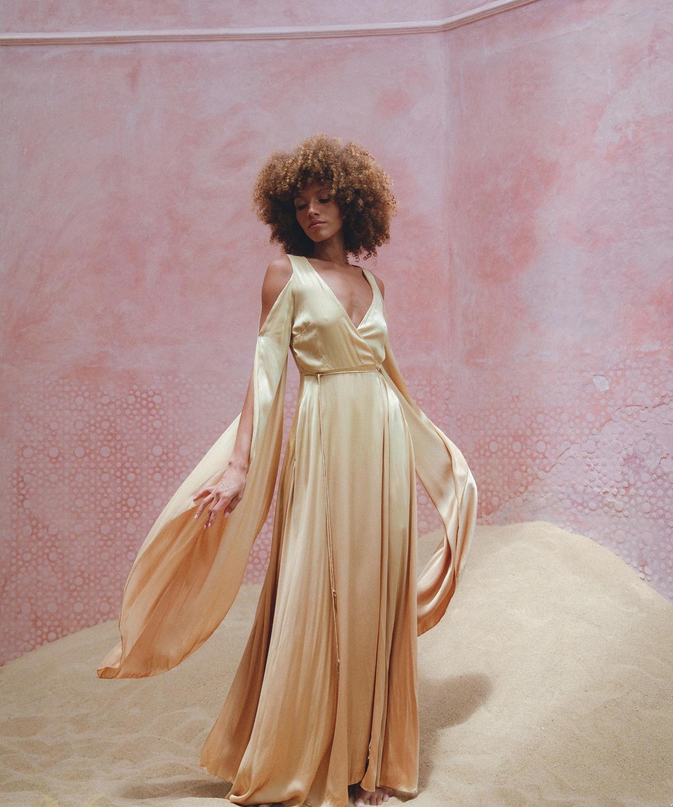 Stand Out in Aya Sacred Wear's Silk Powder Pink Goddess Wrap Dress.