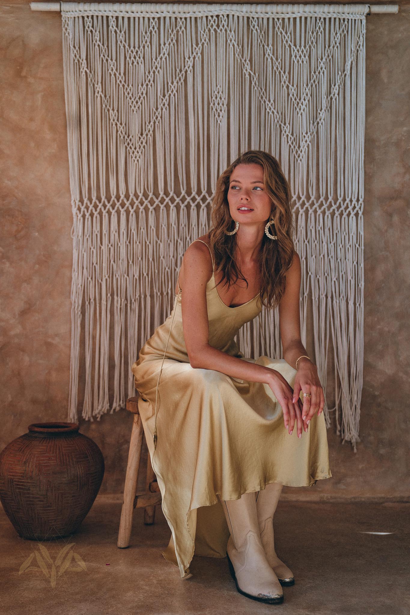 Golden Silk Slip Dress, Natural Silk Boho Dress Women, Silk Long Maxi Dress - AYA Sacred Wear