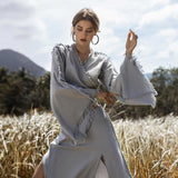 Sky Blue Boho Top • Bohemian Wrap • Organic Top Women • Wide Sleeve Wrap Top - AYA Sacred Wear
