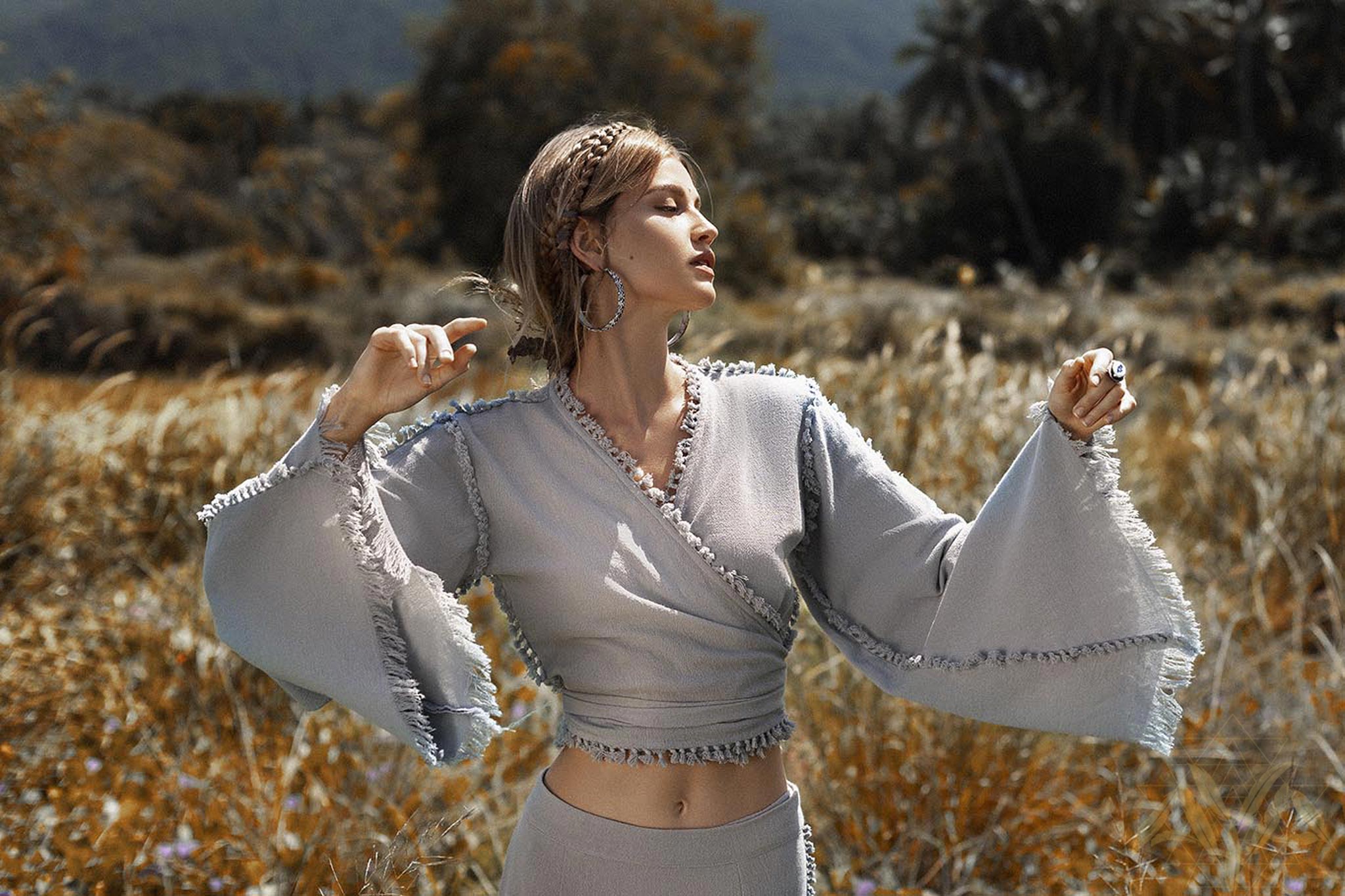 Sky Blue Boho Top • Bohemian Wrap • Organic Top Women • Wide Sleeve Wrap Top - AYA Sacred Wear