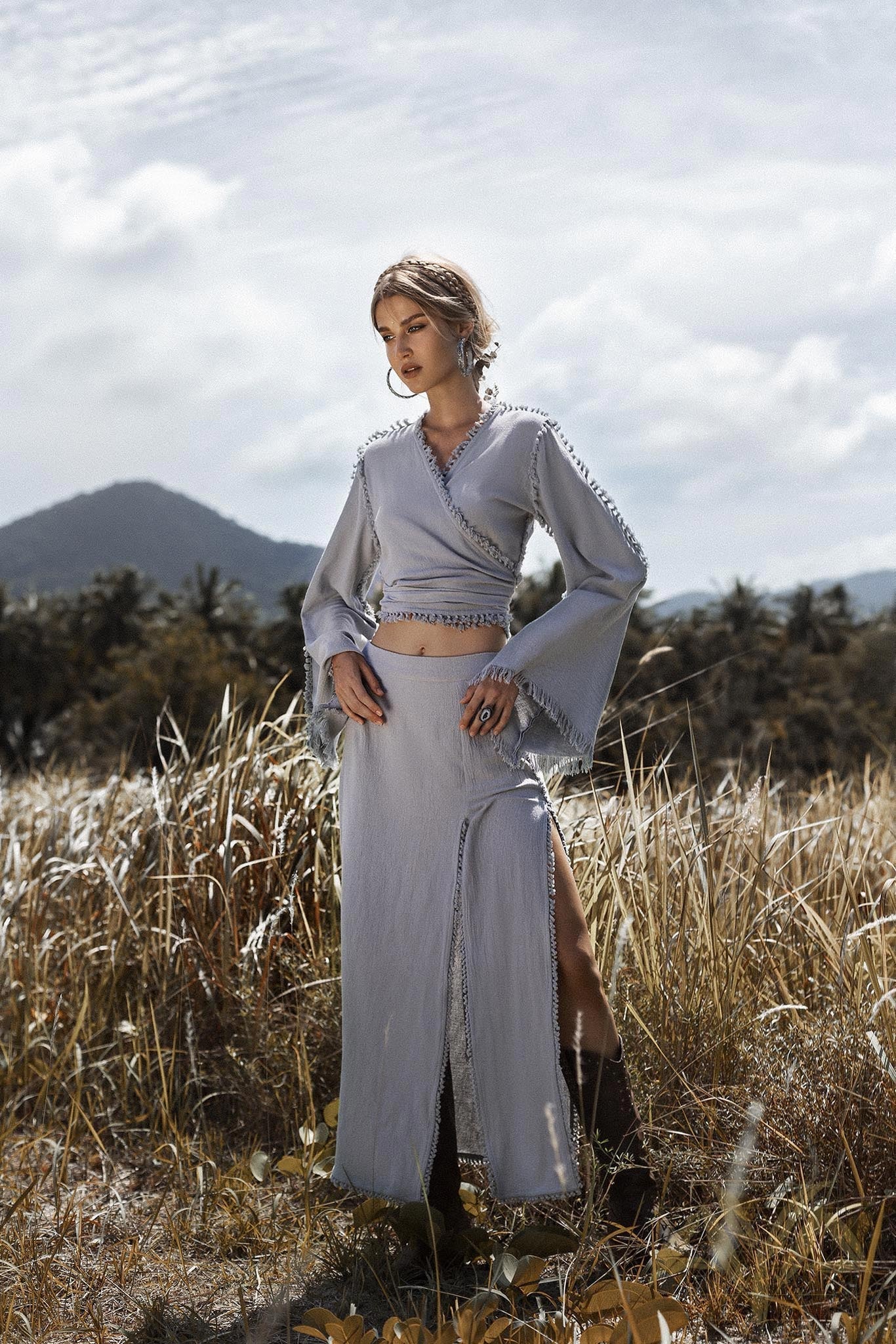 Sky Blue Boho Top • Bohemian Wrap • Organic Top Women • Wide Sleeve Wrap Top - AYA Sacred Wear