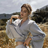 Sky Blue Boho Top • Bohemian Wrap • Organic Top Women • Wide Sleeve Wrap Top - AYA Sacred Wear