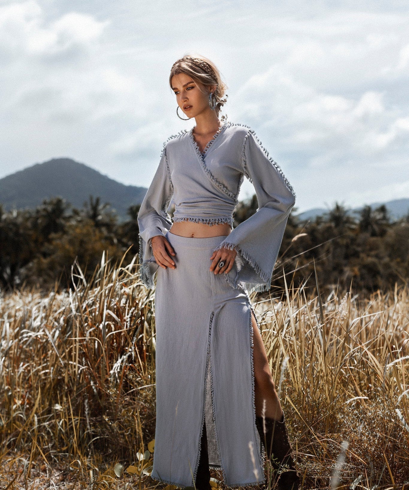 Sky Blue Maxi Skirt • Handmade Tassels Skirt • Open Sides Goddess Boho Skirt - AYA Sacred Wear