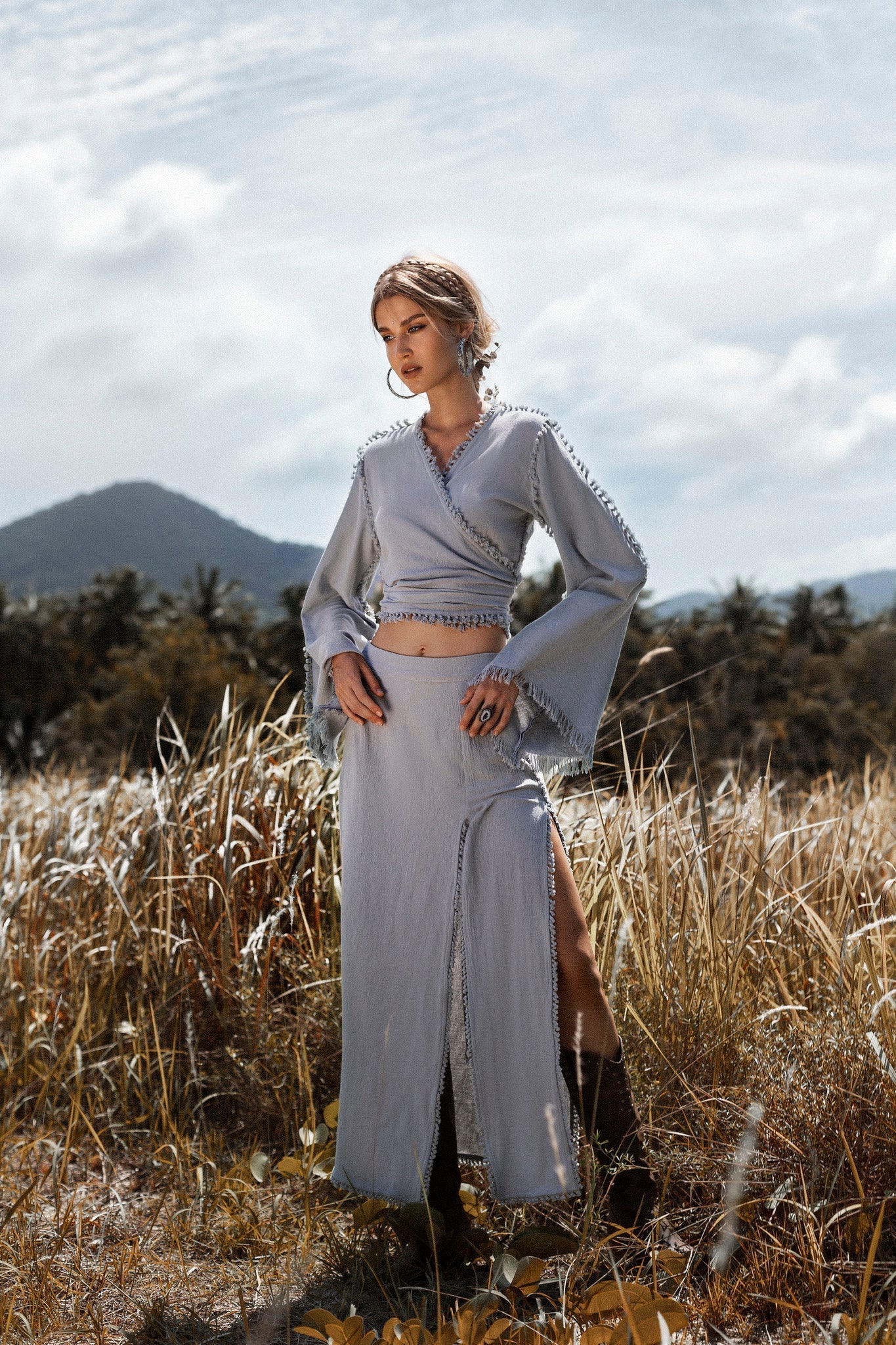 Sky Blue Maxi Skirt • Handmade Tassels Skirt • Open Sides Goddess Boho Skirt - AYA Sacred Wear