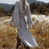 Sky Blue Maxi Skirt • Handmade Tassels Skirt • Open Sides Goddess Boho Skirt - AYA Sacred Wear