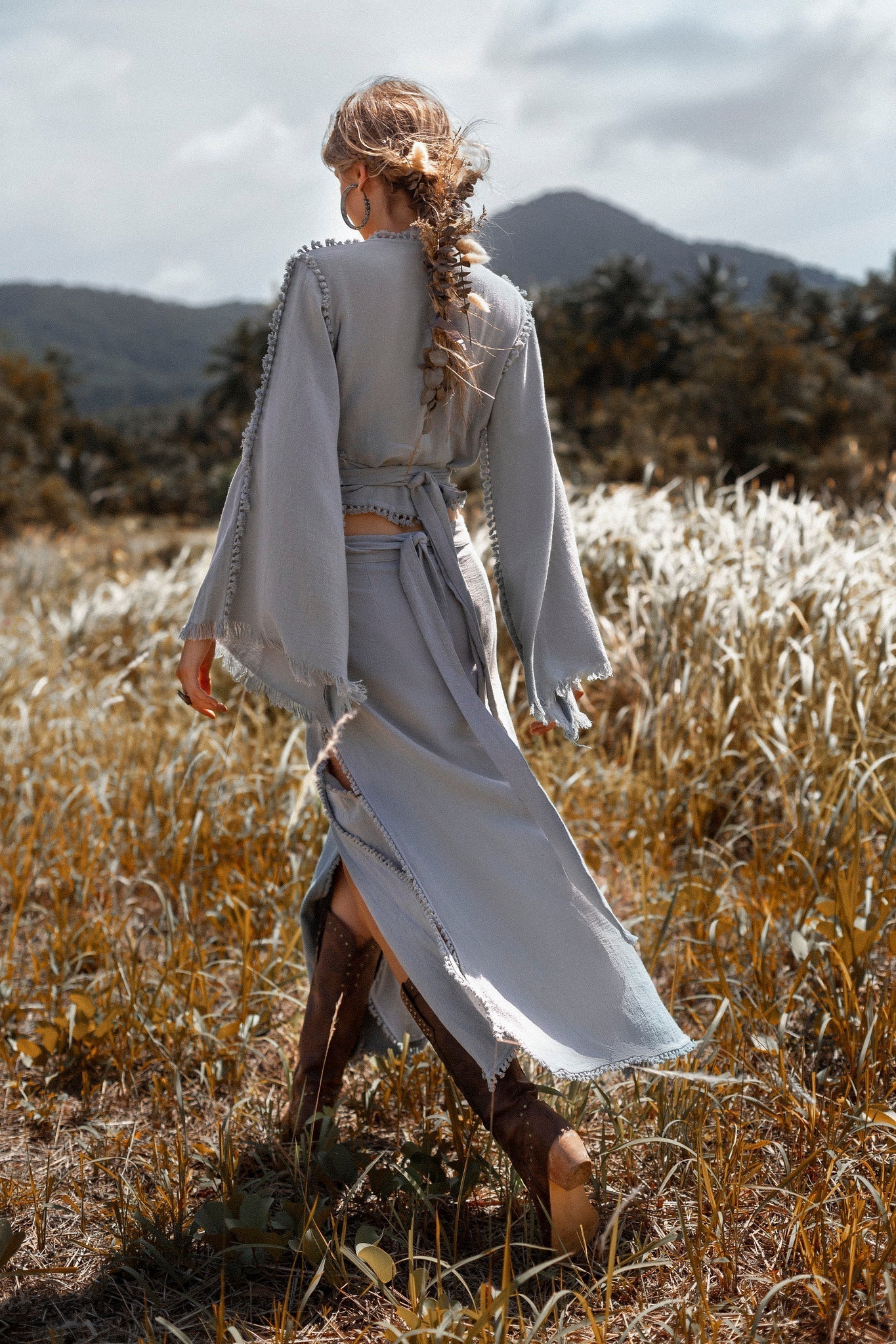 Sky Blue Maxi Skirt • Handmade Tassels Skirt • Open Sides Goddess Boho Skirt - AYA Sacred Wear