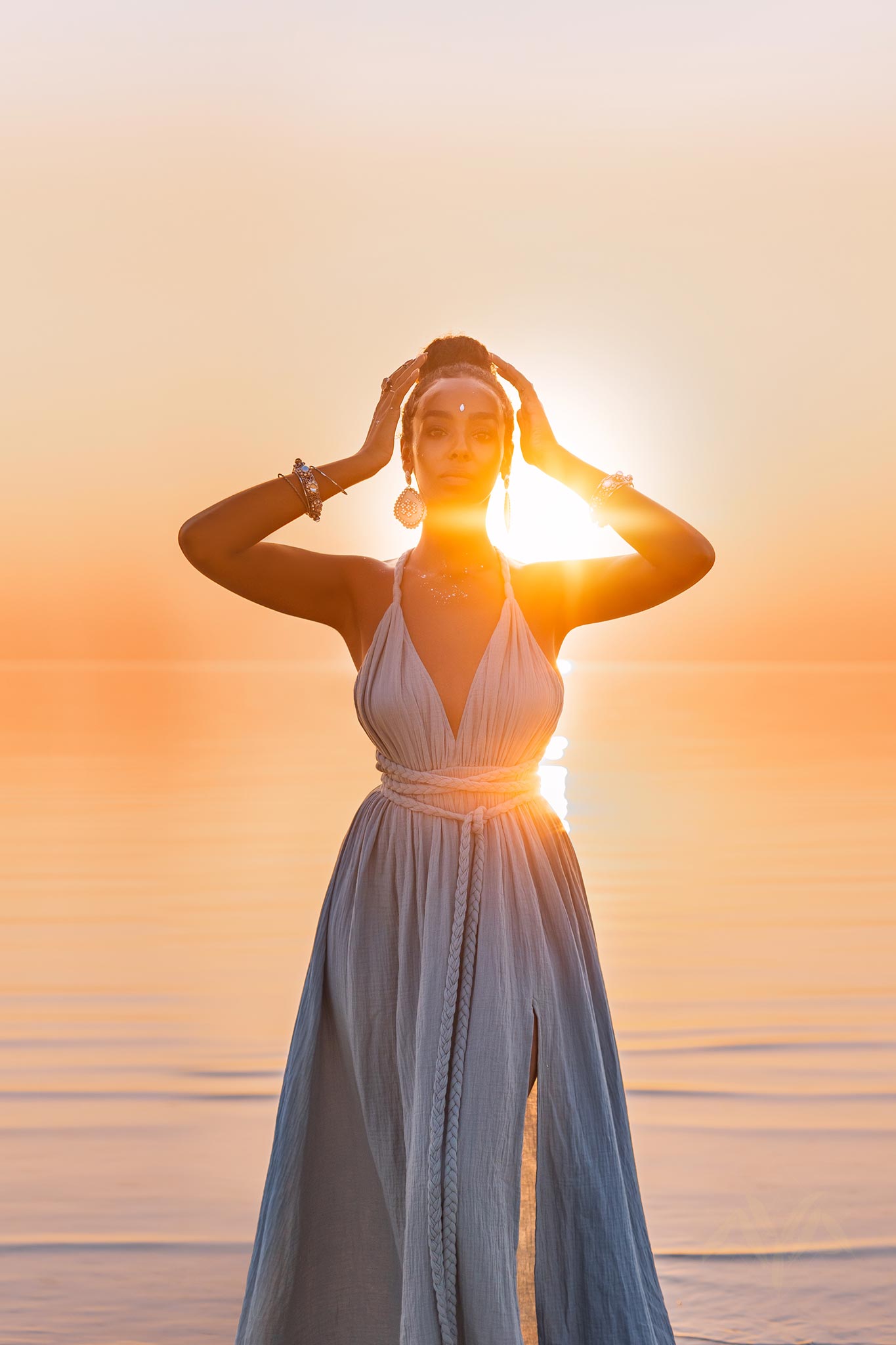 Greek Goddess Dress  Sky Blue Long Maxi Belted Dress by AYA Sacred Wear