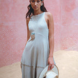 Make a statement with Aya Sacred Wear's hand embroidered sky blue dress.