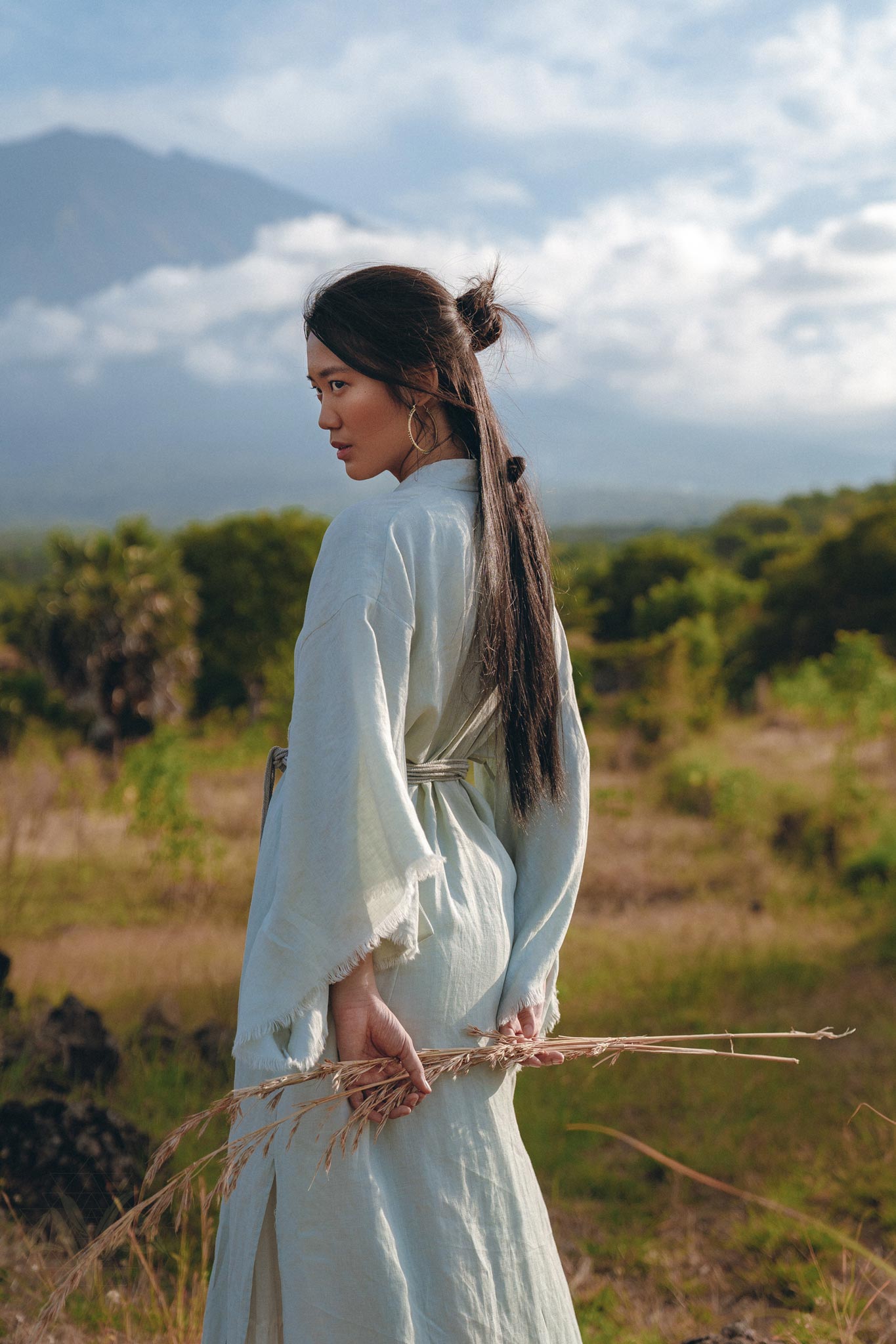 Linen Cardigan with Belt, Linen Sky Blue Overcoat, Long Jacket Women - AYA Sacred Wear