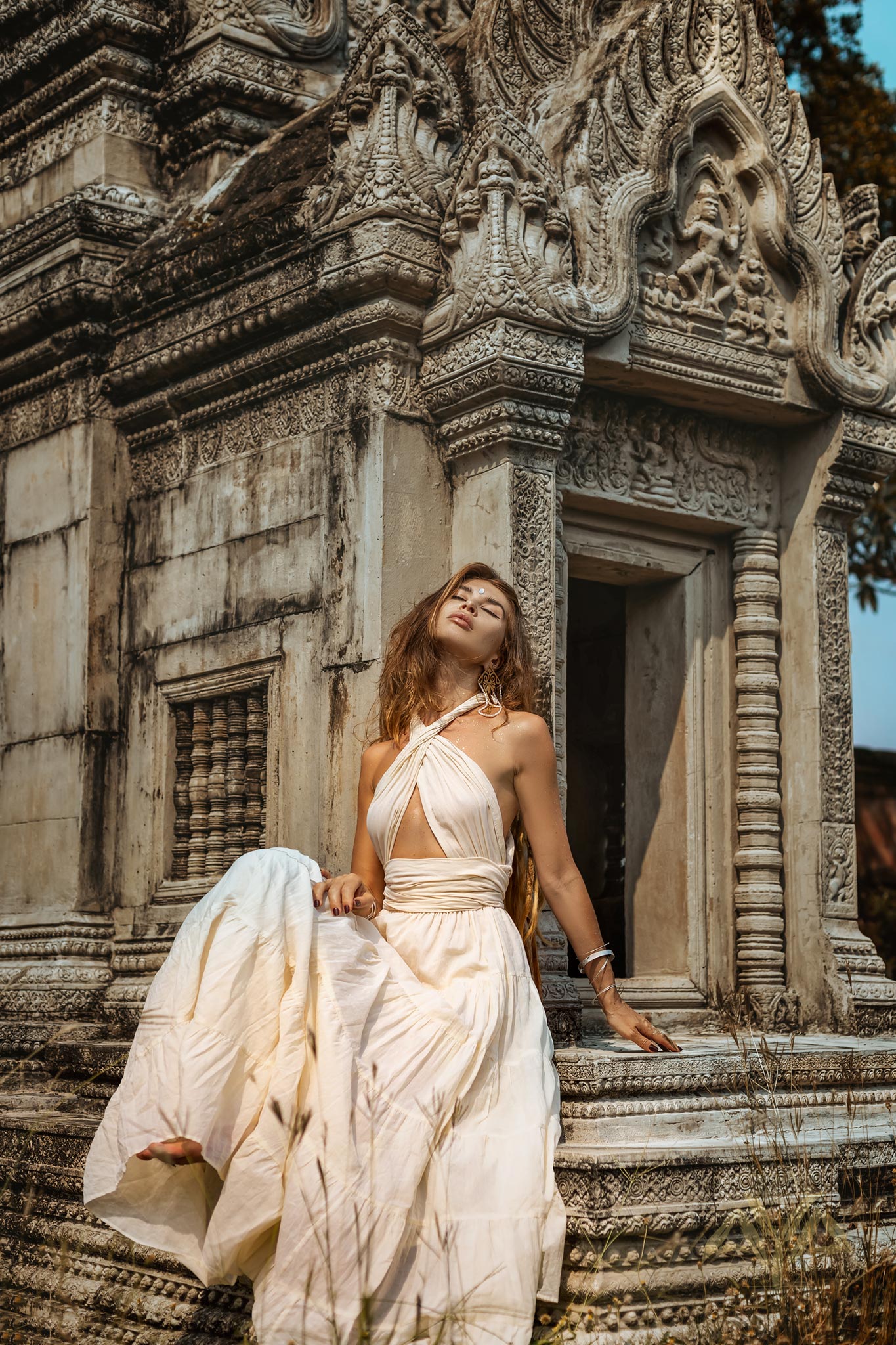 Off-White Bohemian Adjustable Dress, Evening Open Back Belly Dress - AYA Sacred Wear 