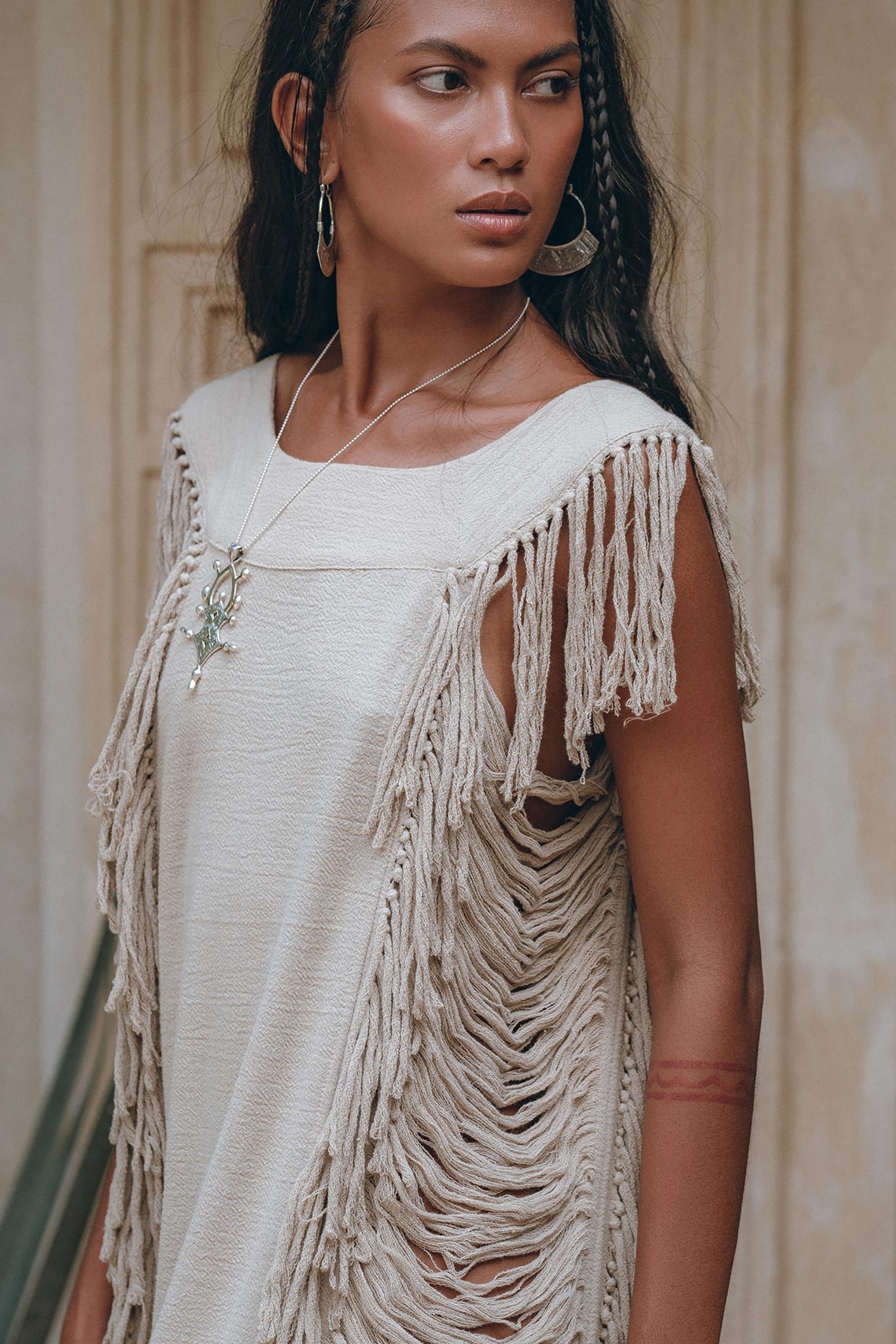 Soft Olive Colour Ladder Sides Dress • Organic Thick Cotton Dress - AYA Sacred Wear