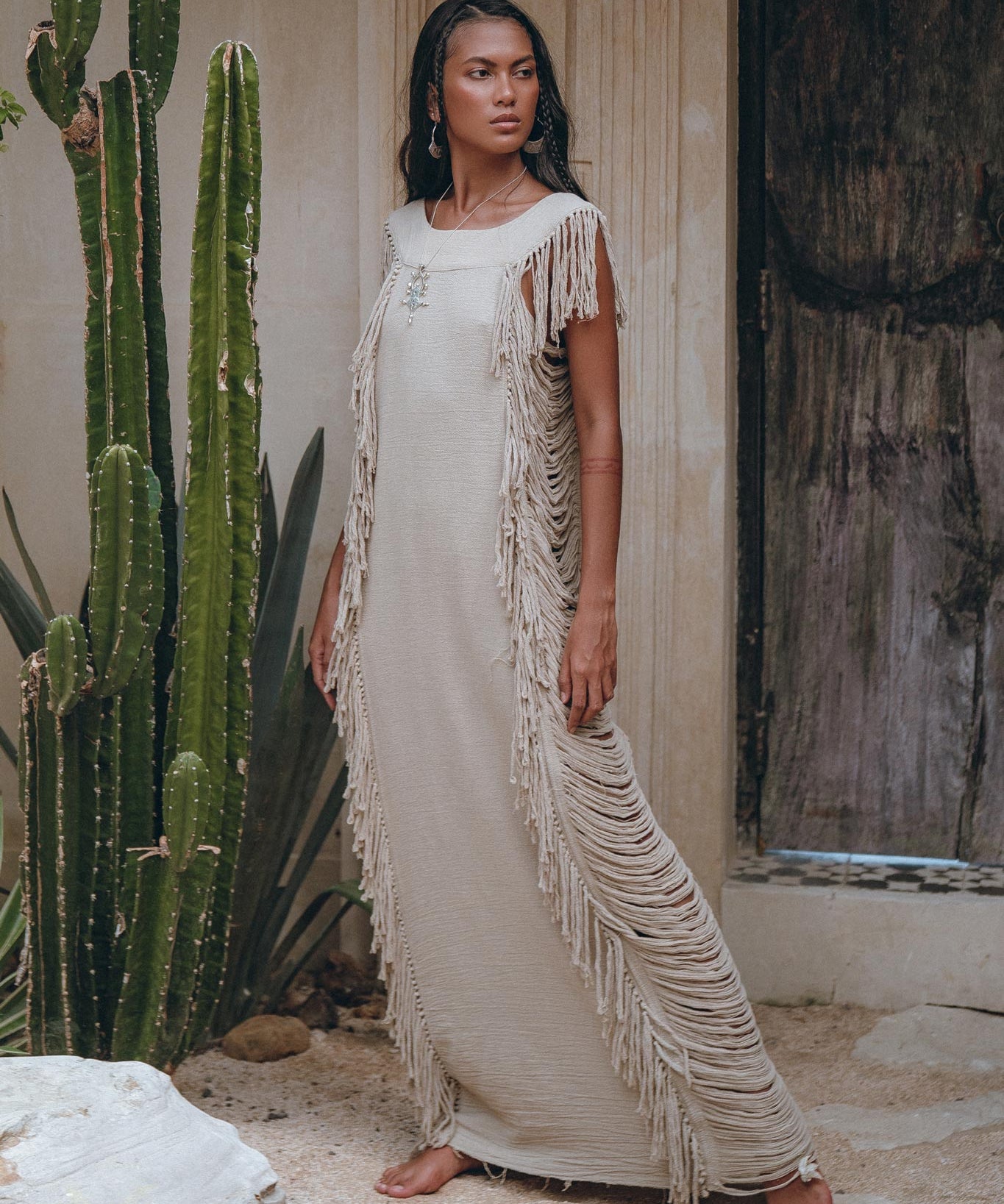 Soft Olive Colour Ladder Sides Dress • Organic Thick Cotton Dress - AYA Sacred Wear