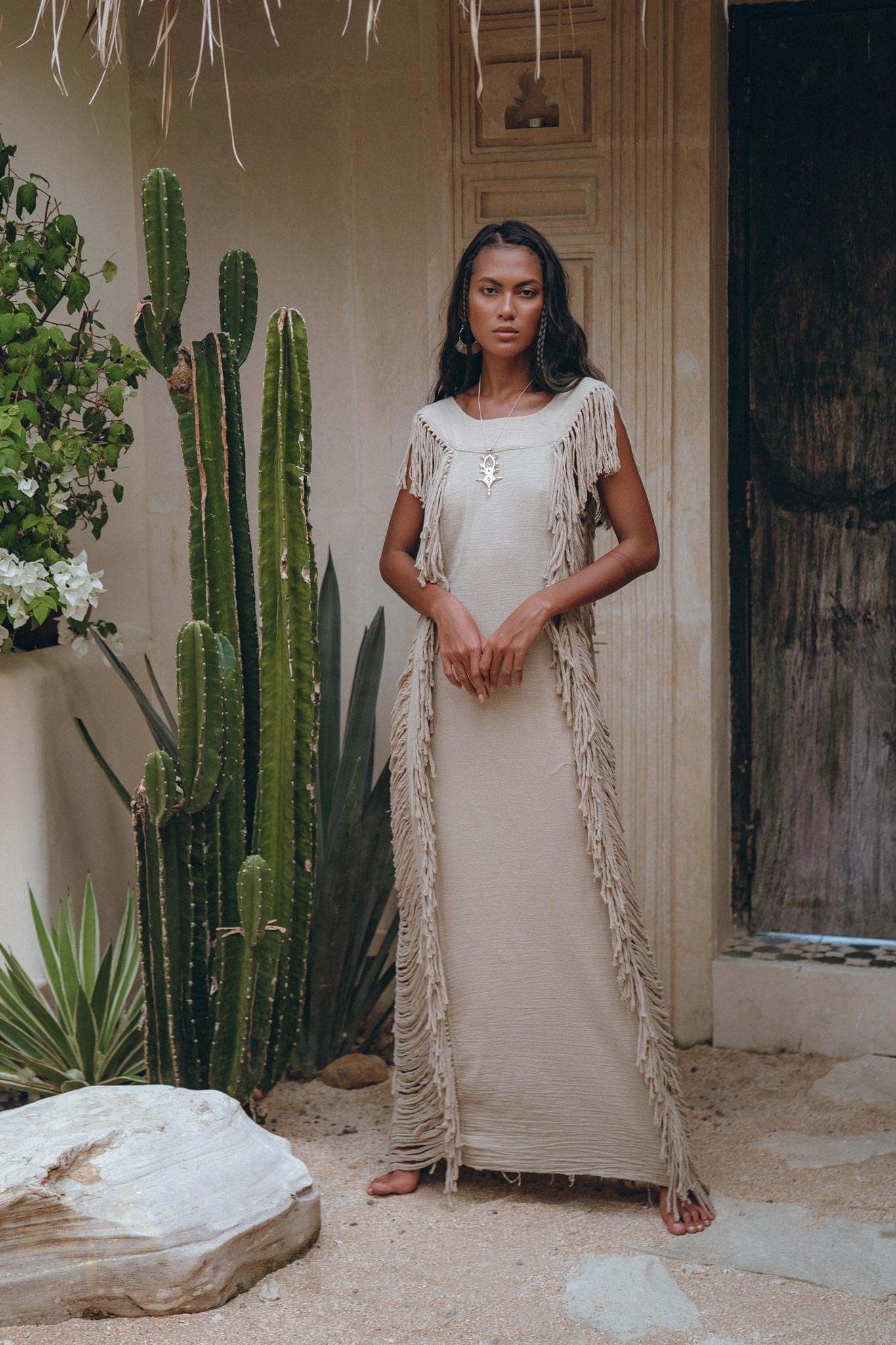 Soft Olive Colour Ladder Sides Dress • Organic Thick Cotton Dress - AYA Sacred Wear