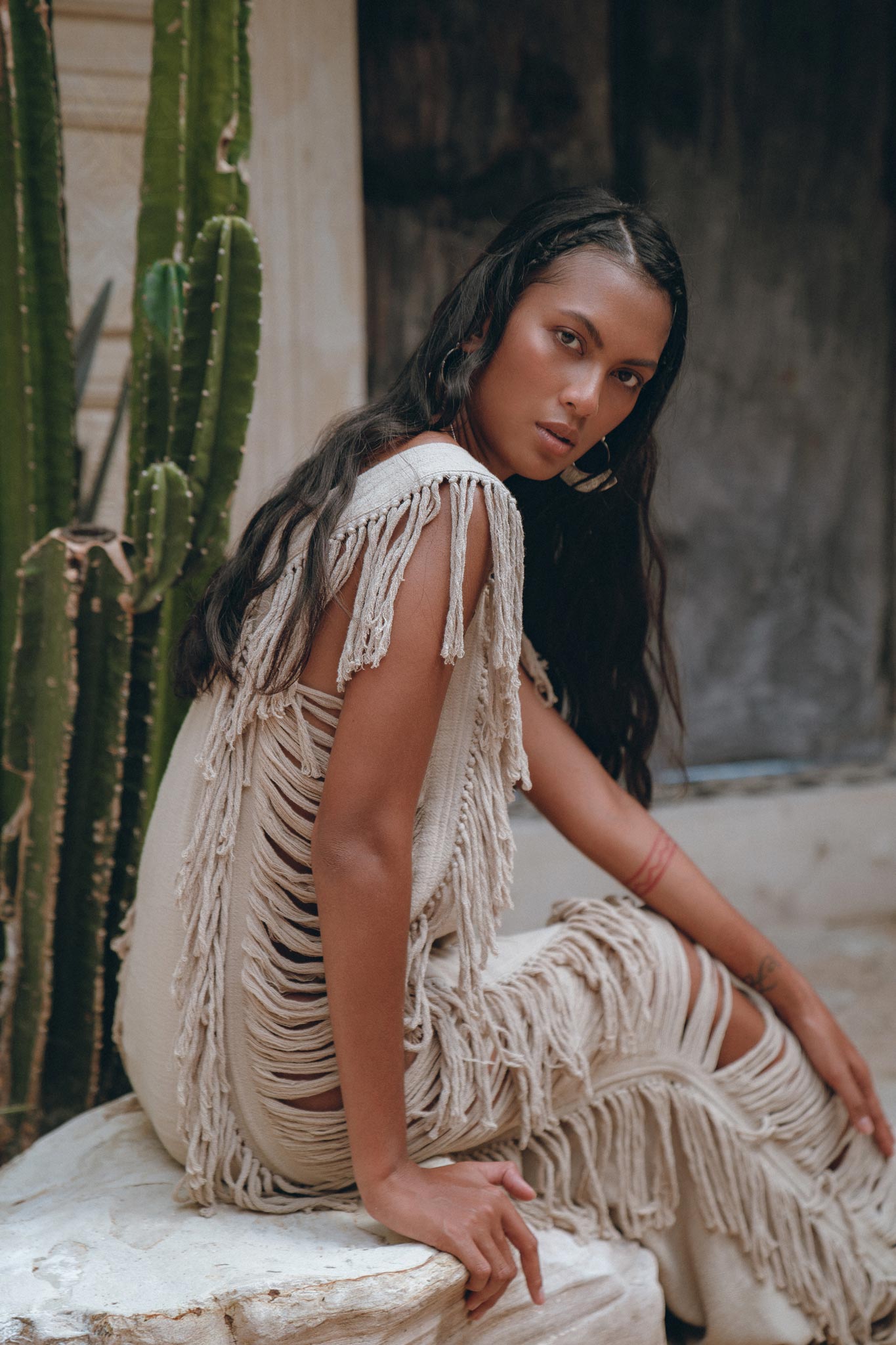 Soft Olive Colour Ladder Sides Dress • Organic Thick Cotton Dress - AYA Sacred Wear