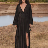 Tatva Dress Black Colour – Handmade V Front Back Kaftan - AYA Sacred Wear