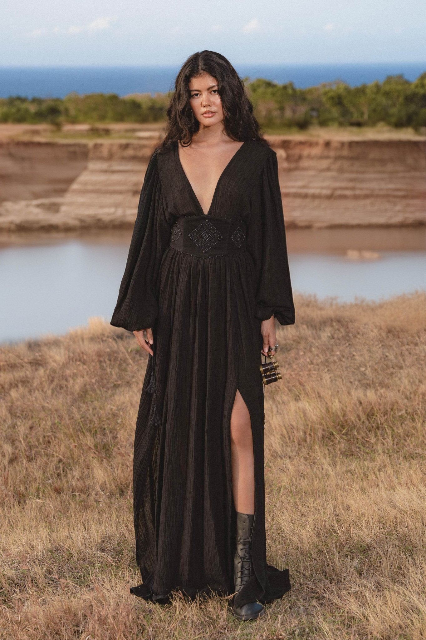 Tatva Dress Black Colour – Handmade V Front Back Kaftan - AYA Sacred Wear