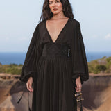 Tatva Dress Black Colour – Handmade V Front Back Kaftan - AYA Sacred Wear