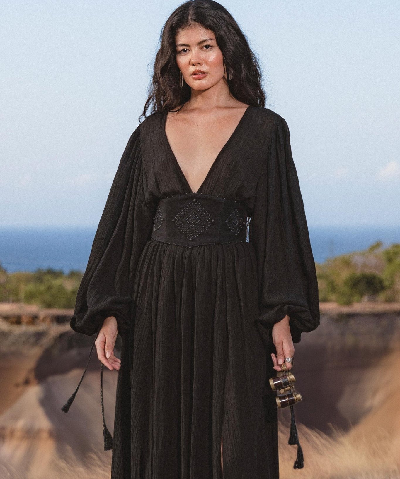Tatva Dress Black Colour – Handmade V Front Back Kaftan - AYA Sacred Wear