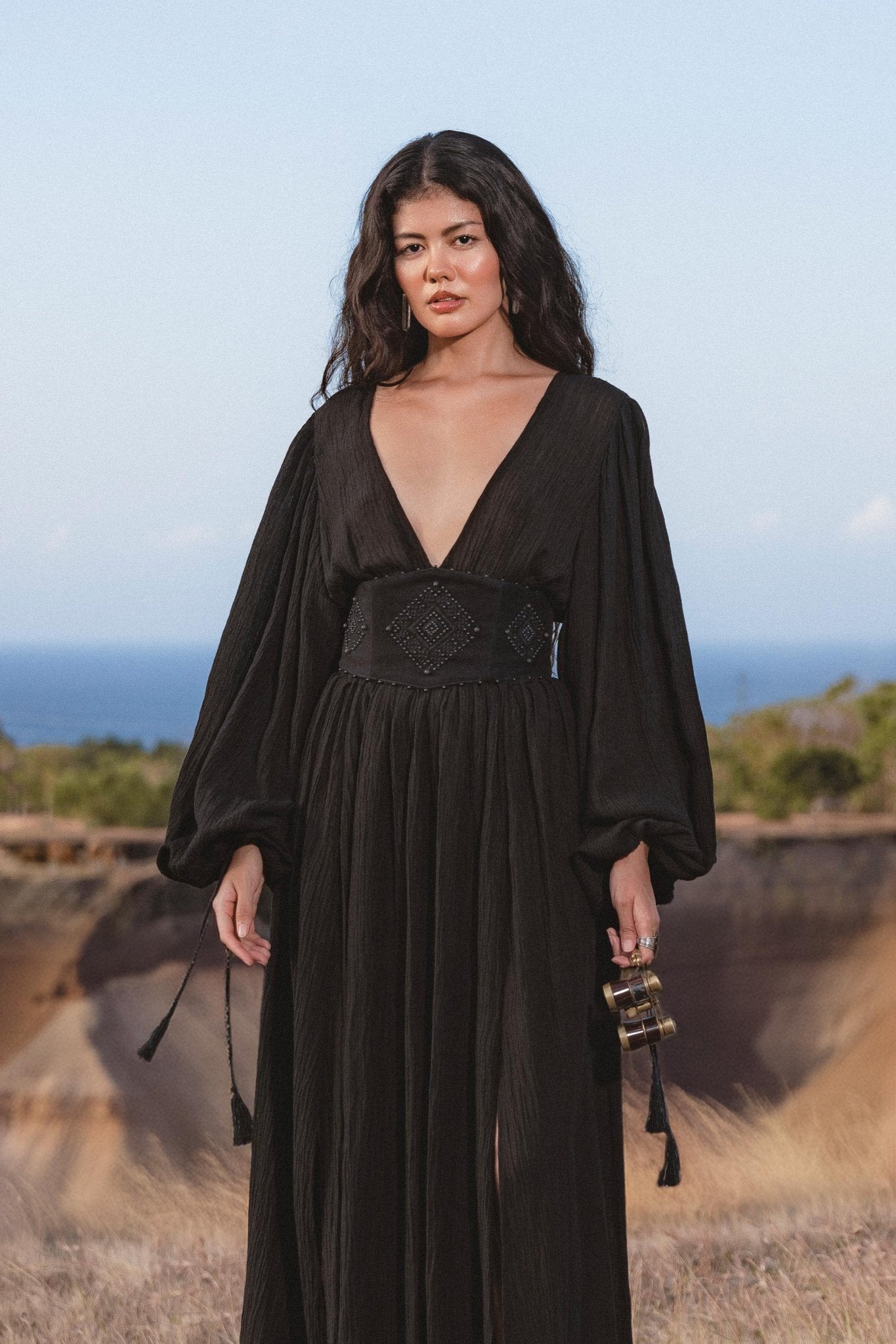 Tatva Dress Black Colour – Handmade V Front Back Kaftan - AYA Sacred Wear