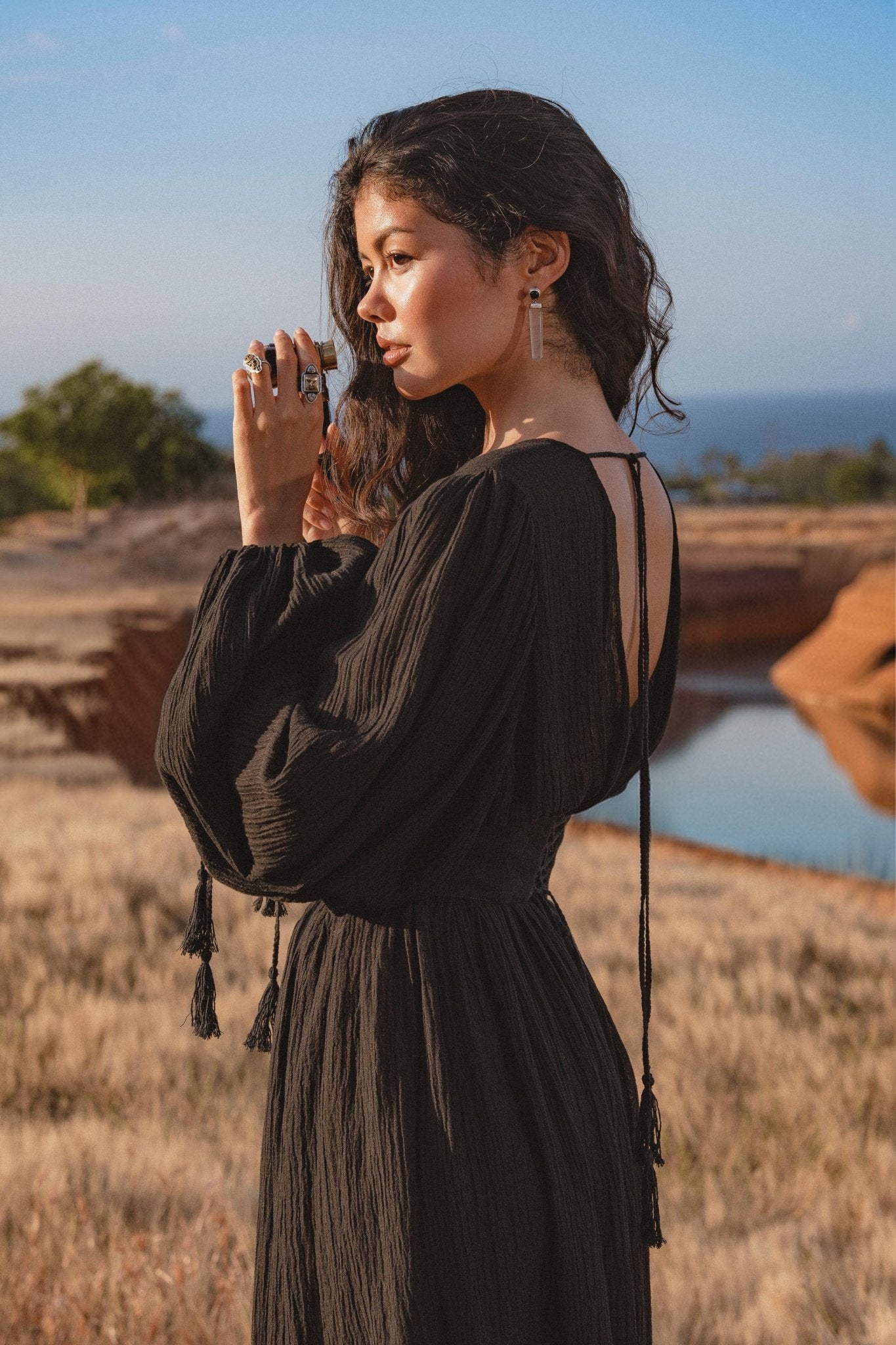 Tatva Dress Black Colour – Handmade V Front Back Kaftan - AYA Sacred Wear