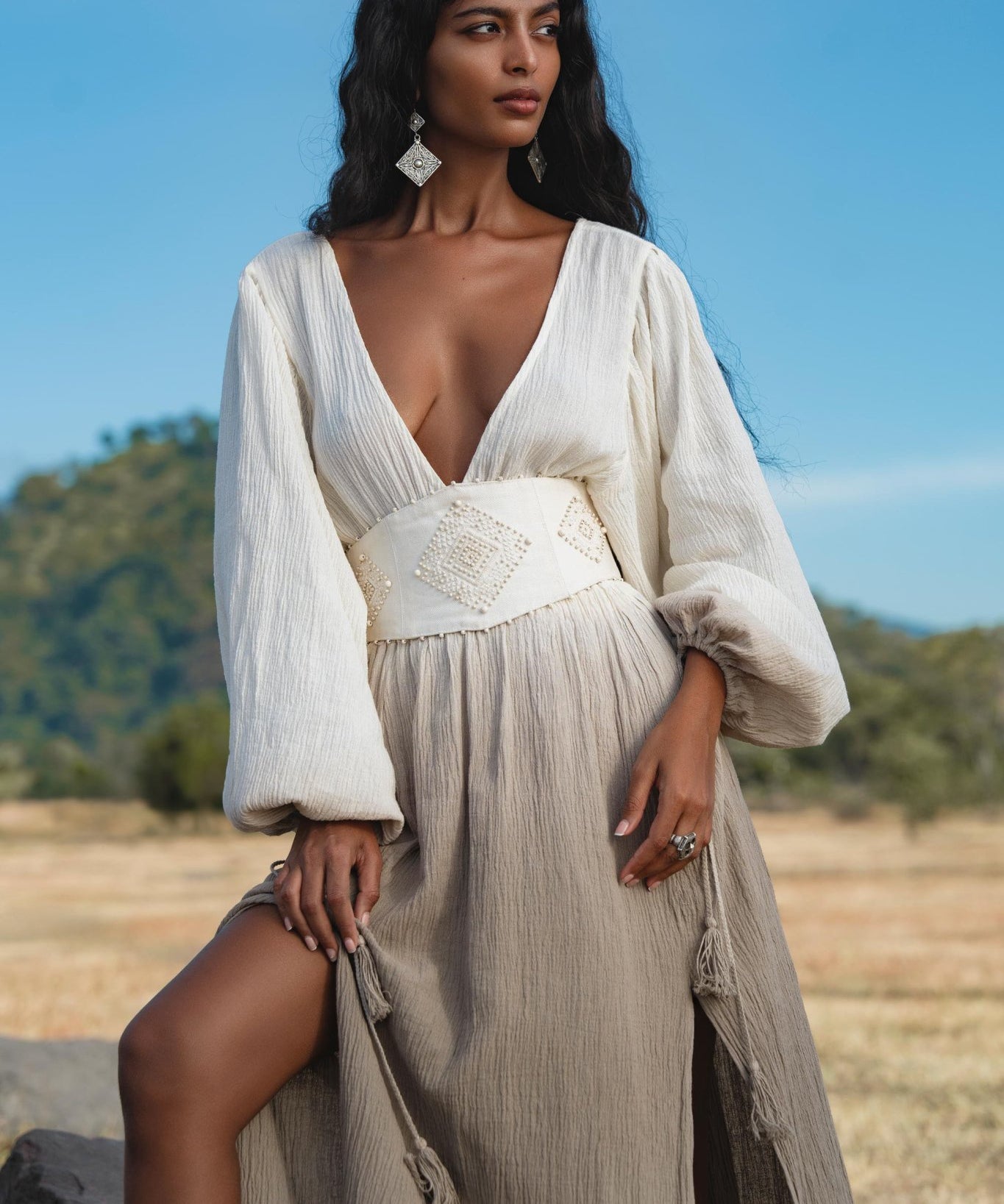 Tatva Dress in Ombre Mocco Colour — Organic Kaftan with Hand Embroidered Belt - AYA Sacred Wear