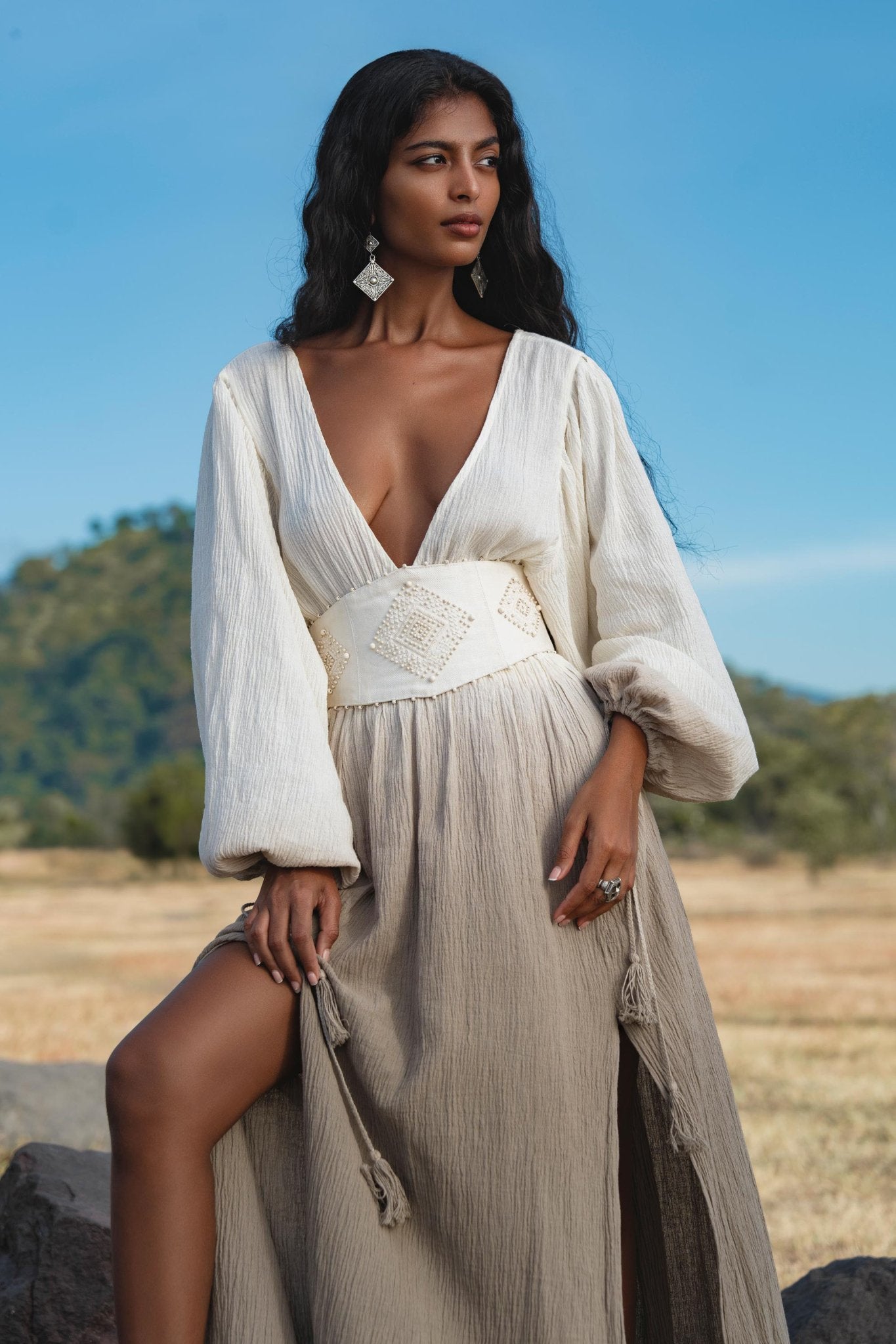 Tatva Dress in Ombre Mocco Colour — Organic Kaftan with Hand Embroidered Belt - AYA Sacred Wear