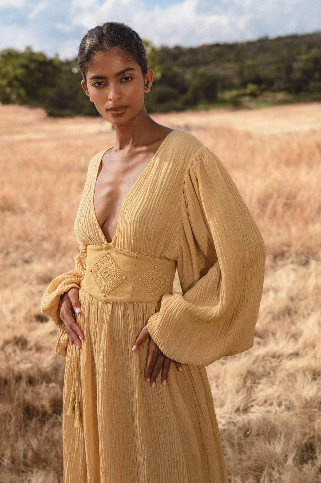 Tatva Dress Saffron Gold Colour – Organic Goddess Dresses - AYA Sacred Wear