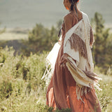 Unique Off - White Boho Poncho with Hand Loomed Tassels - AYA Sacred Wear