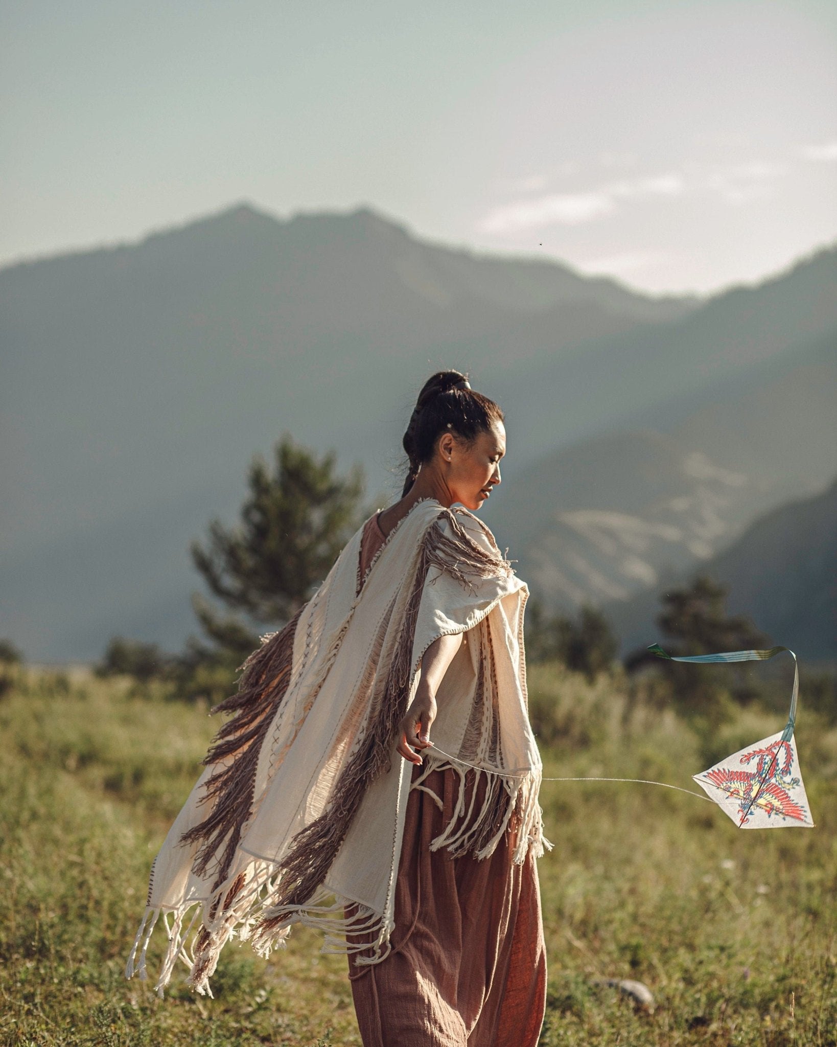 Unique Off-White Boho Poncho with Hand Loomed Tassels - AYA Sacred Wear