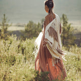 Unique Off-White Boho Poncho with Hand Loomed Tassels - AYA Sacred Wear