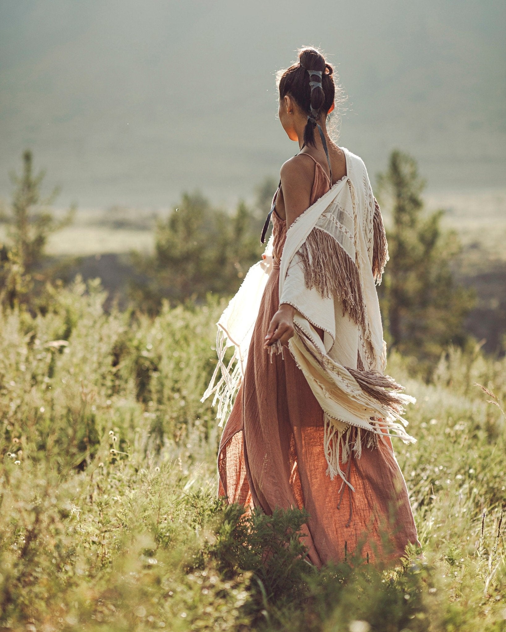Unique Off-White Boho Poncho with Hand Loomed Tassels - AYA Sacred Wear