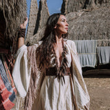 Unique Off - White Boho Poncho with Hand Loomed Tassels - AYA Sacred Wear