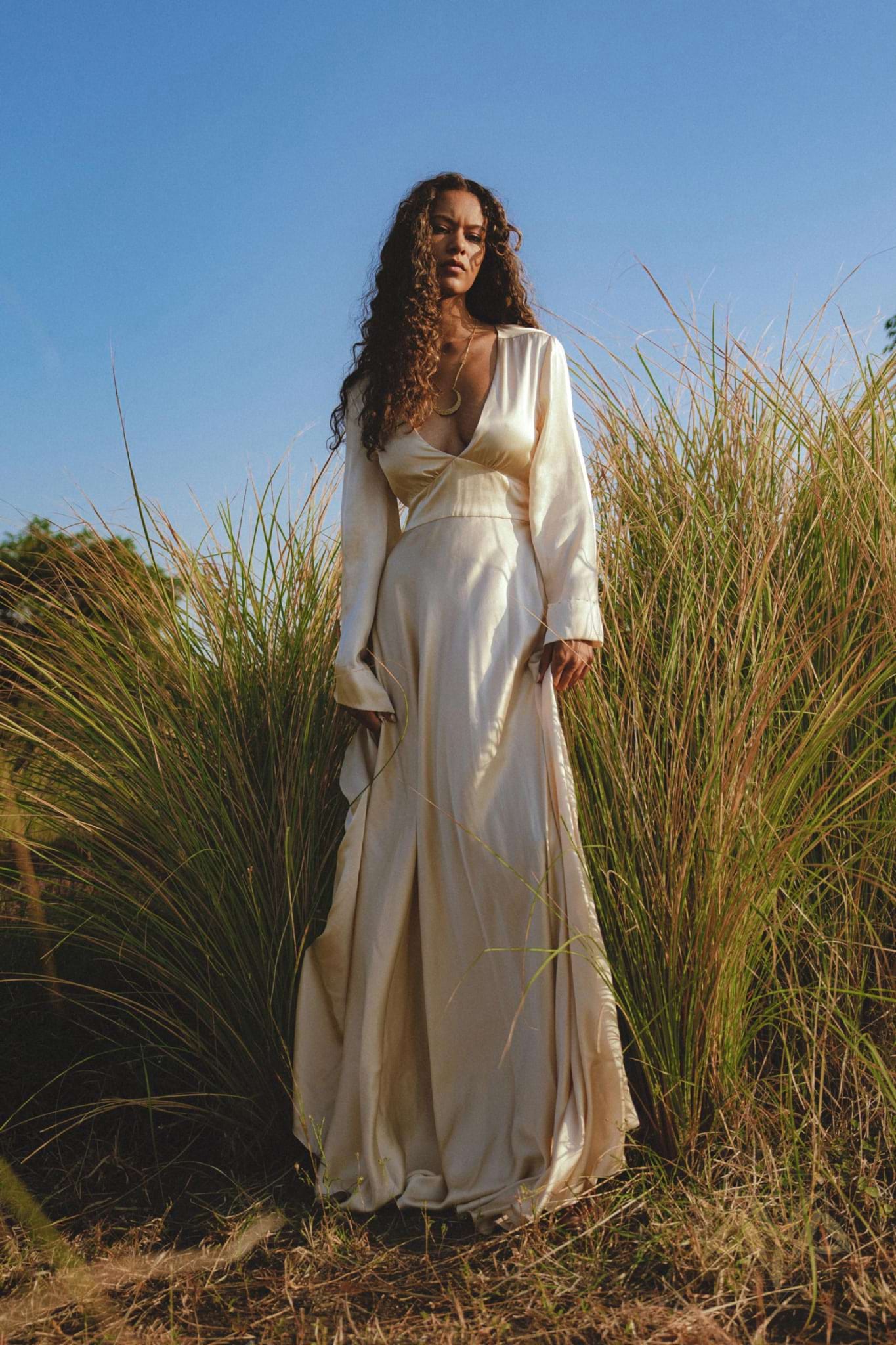 Vanilla Cream Sundari Silk Gown • Boho Open Back Fairy Tale Dress • Boho Bridal Dress - AYA Sacred Wear