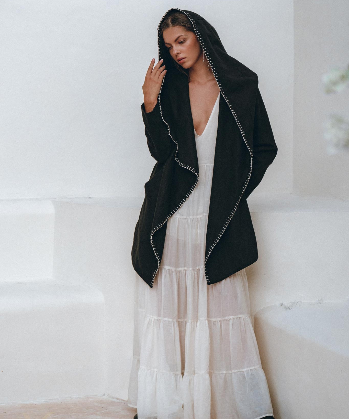 Warm Boho Hoody Cardigan for Women • Black Boho Overcoat • Belted Wrap Cardigan - AYA Sacred Wear