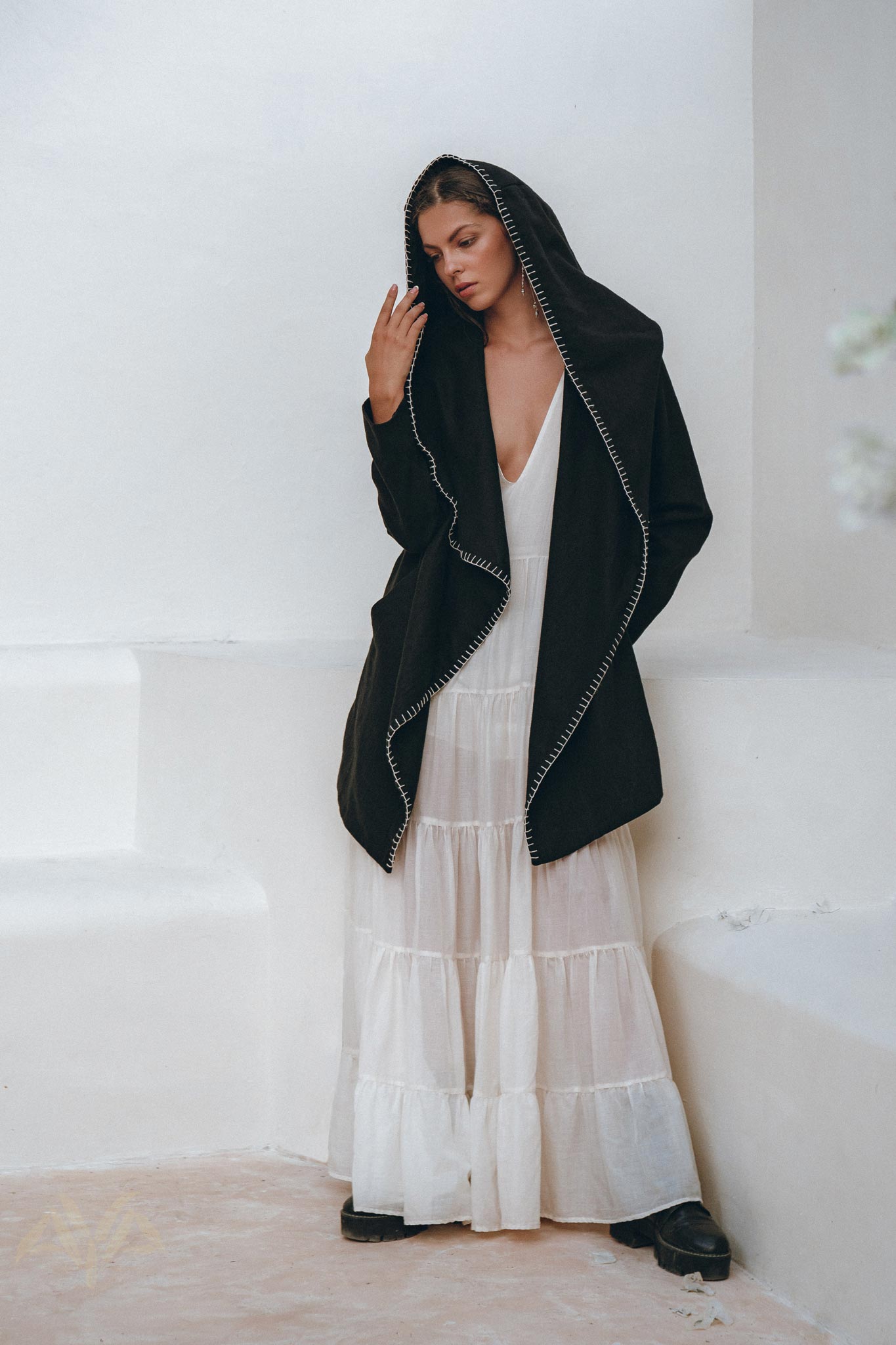 Warm Boho Hoody Cardigan for Women • Black Boho Overcoat • Belted Wrap Cardigan - AYA Sacred Wear