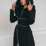 Warm Boho Hoody Cardigan for Women • Black Boho Overcoat • Belted Wrap Cardigan - AYA Sacred Wear