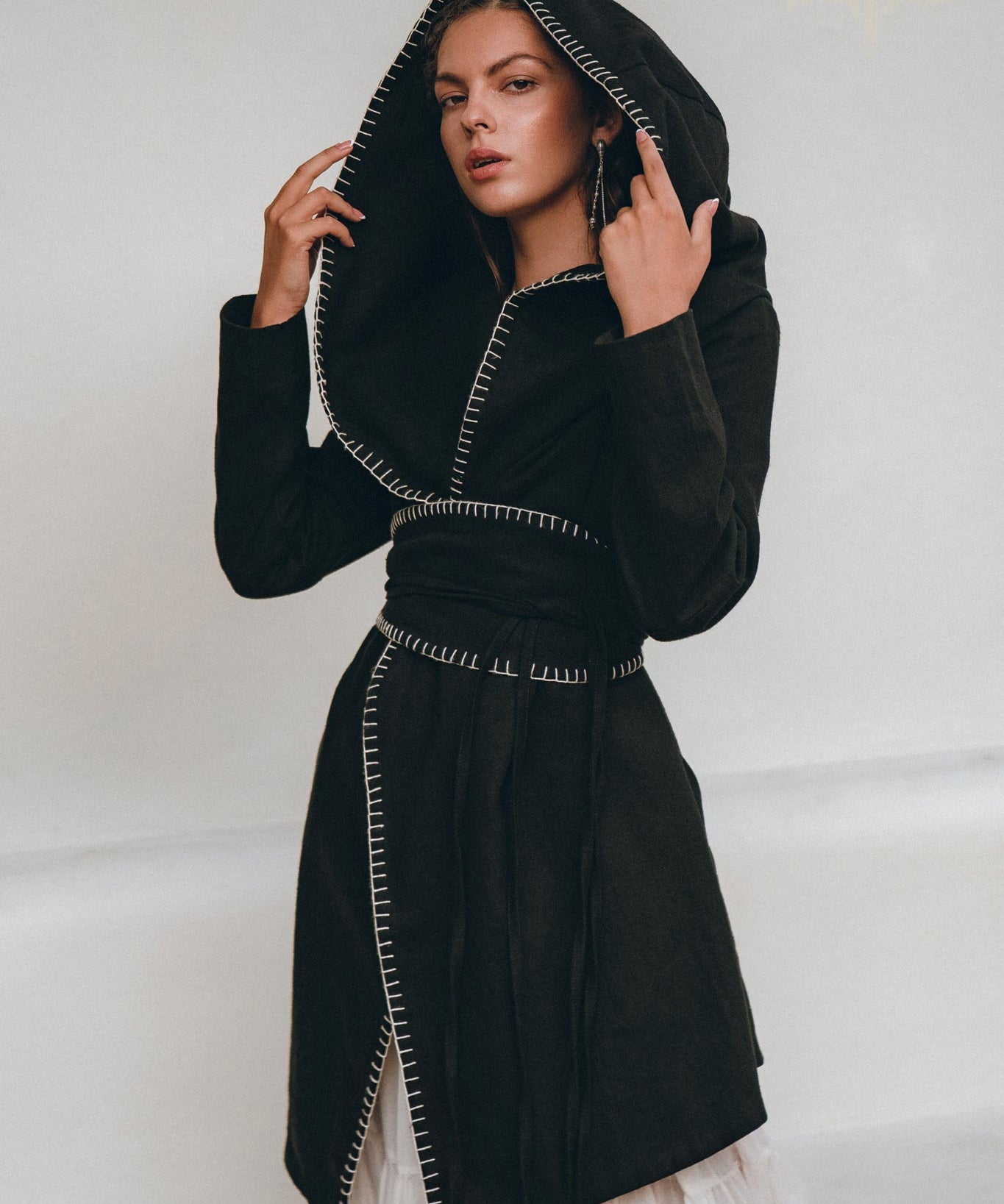 Warm Boho Hoody Cardigan for Women • Black Boho Overcoat • Belted Wrap Cardigan - AYA Sacred Wear