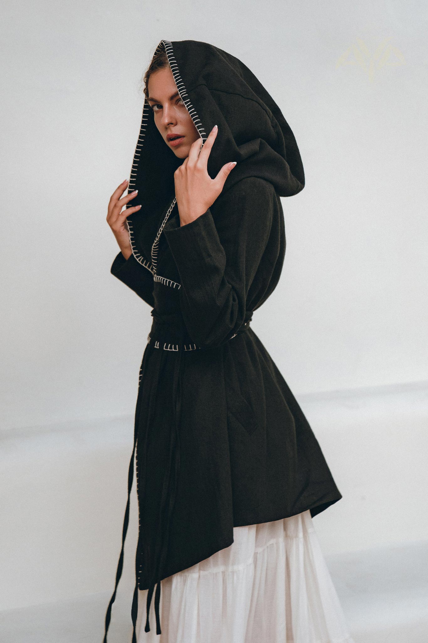 Warm Boho Hoody Cardigan for Women • Black Boho Overcoat • Belted Wrap Cardigan - AYA Sacred Wear