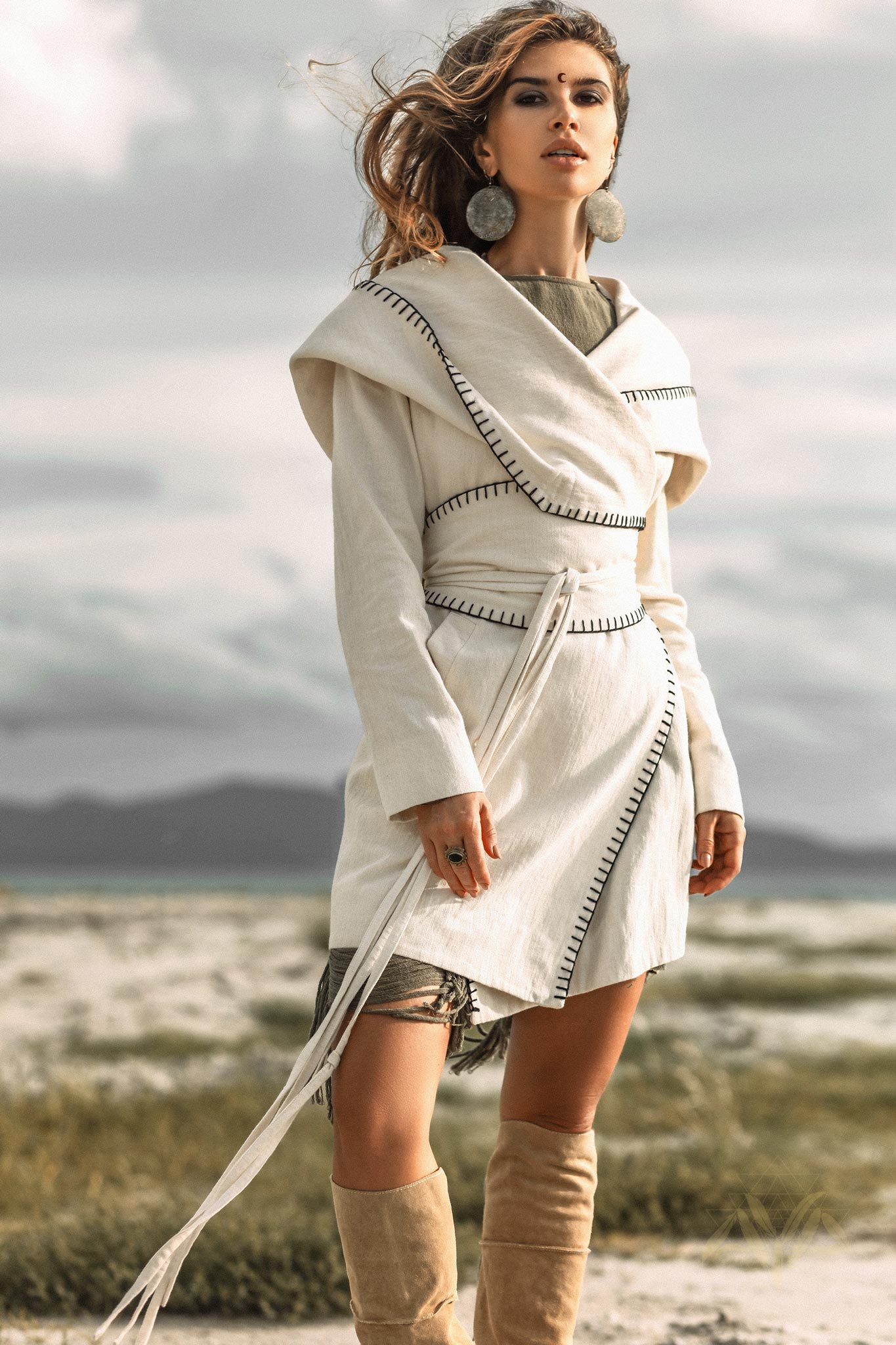 Warm Boho Hoody Cardigan for Women • Off - White Belted Wrap Cardigan - AYA Sacred Wear